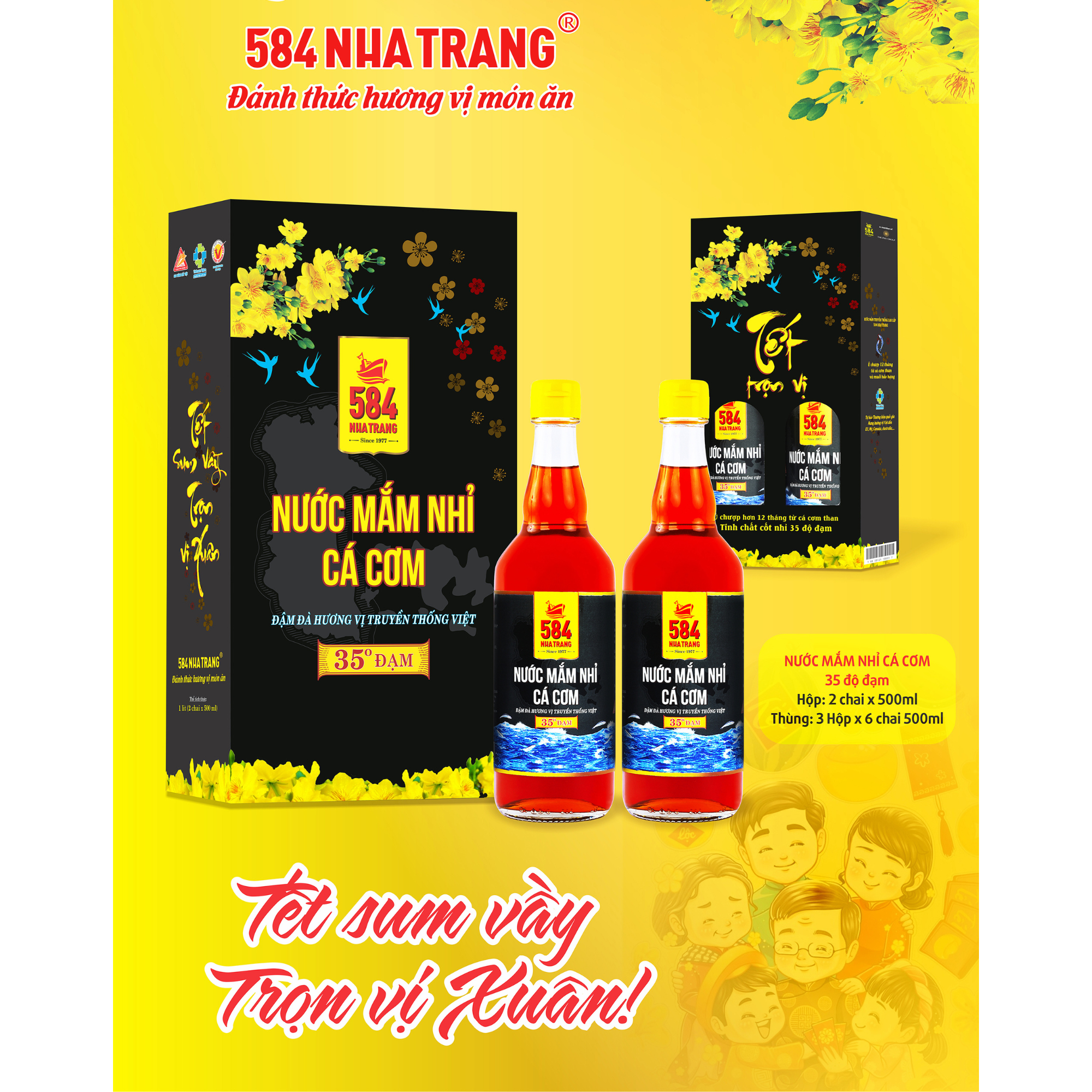 Nước mắm Nhỉ Cá cơm 584 Nha Trang 35 độ đạm - Thùng 6 chai thủy tinh 510ml - T0535