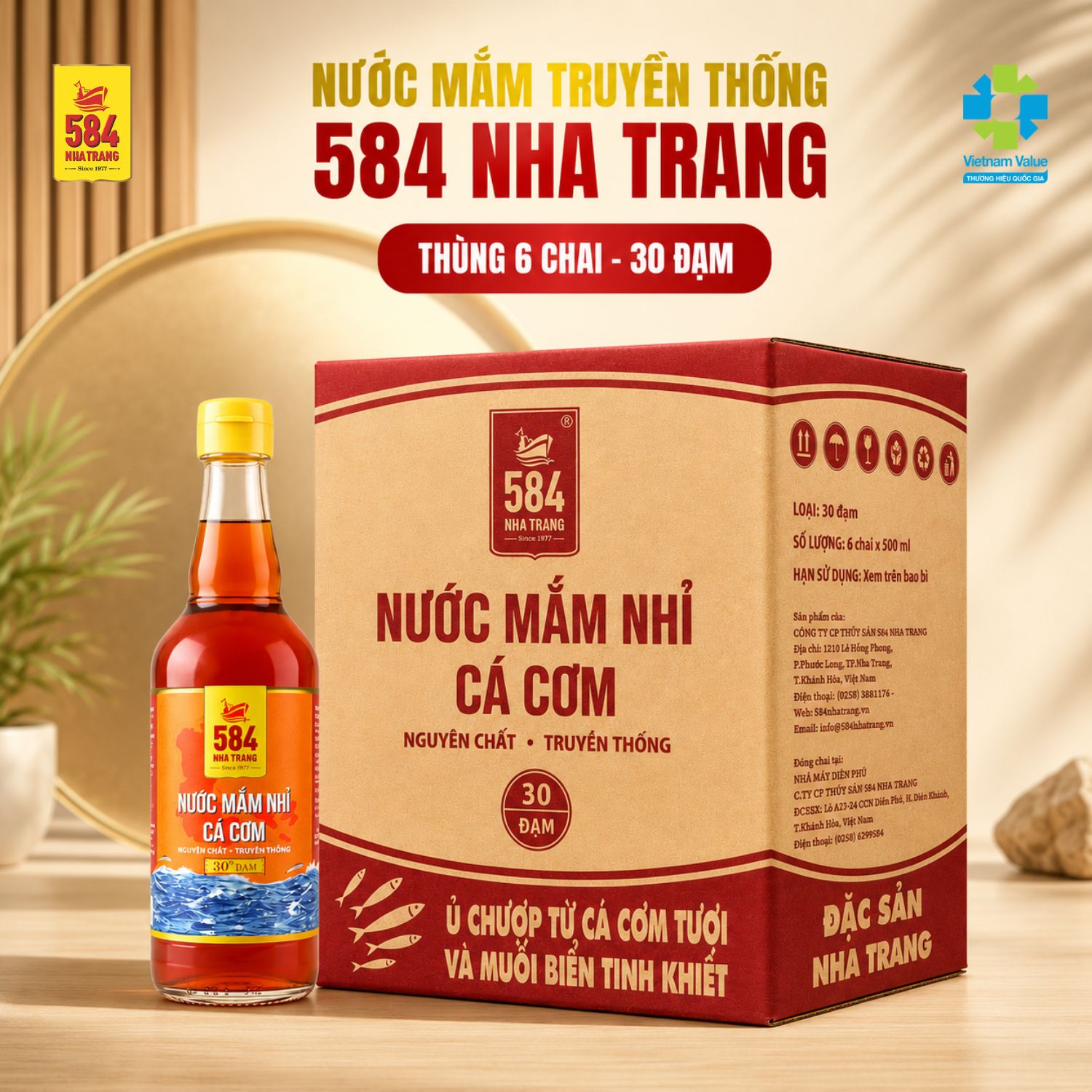 Nước mắm 584 Nha Trang 30 độ đạm - Thùng 6 chai thủy tinh 500ml - T0530